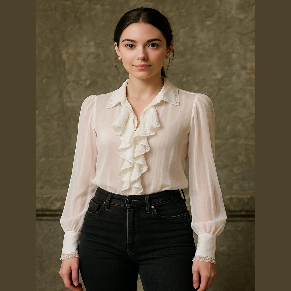 Vintage Elegant Cream Ruffle and Lace Modest Blouse Renaissance prairie twee